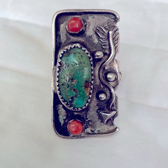 Vintage 70’s Native American Coral green turquoise and sterling silver unique… - Picture 1 of 6